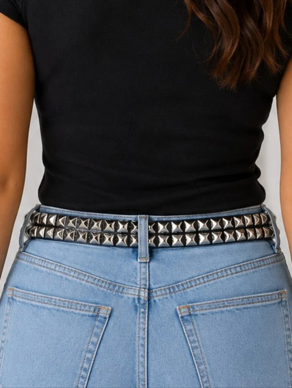 👚 Black Faux Leather Silver Pyramid Stud Belt Punk Rock Goth Unisex Adjustable